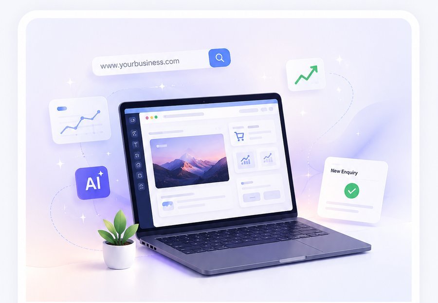 Illustration of a website, ecommerce cart, analytics and lead notifications on a laptop, representing Flinova's website plus dashboard system
