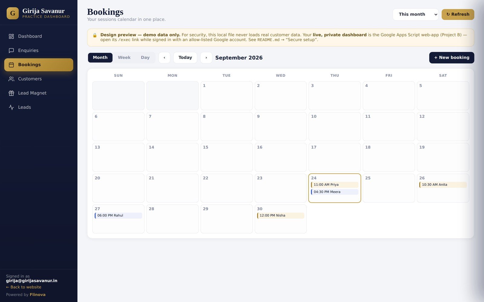 Astrologer dashboard bookings calendar — full month view of confirmed sessions