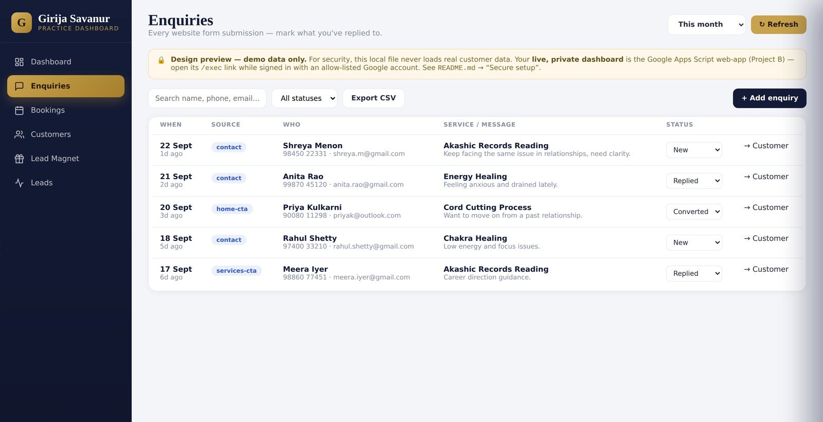 Astrologer dashboard enquiries list — every website and WhatsApp enquiry with reply status